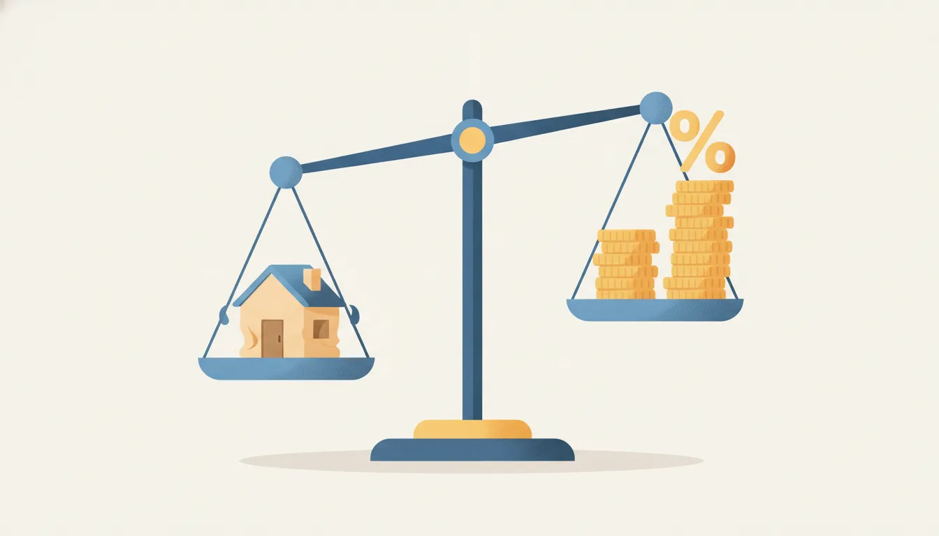 Illustration comparing a home with interest costs on a balance scale.