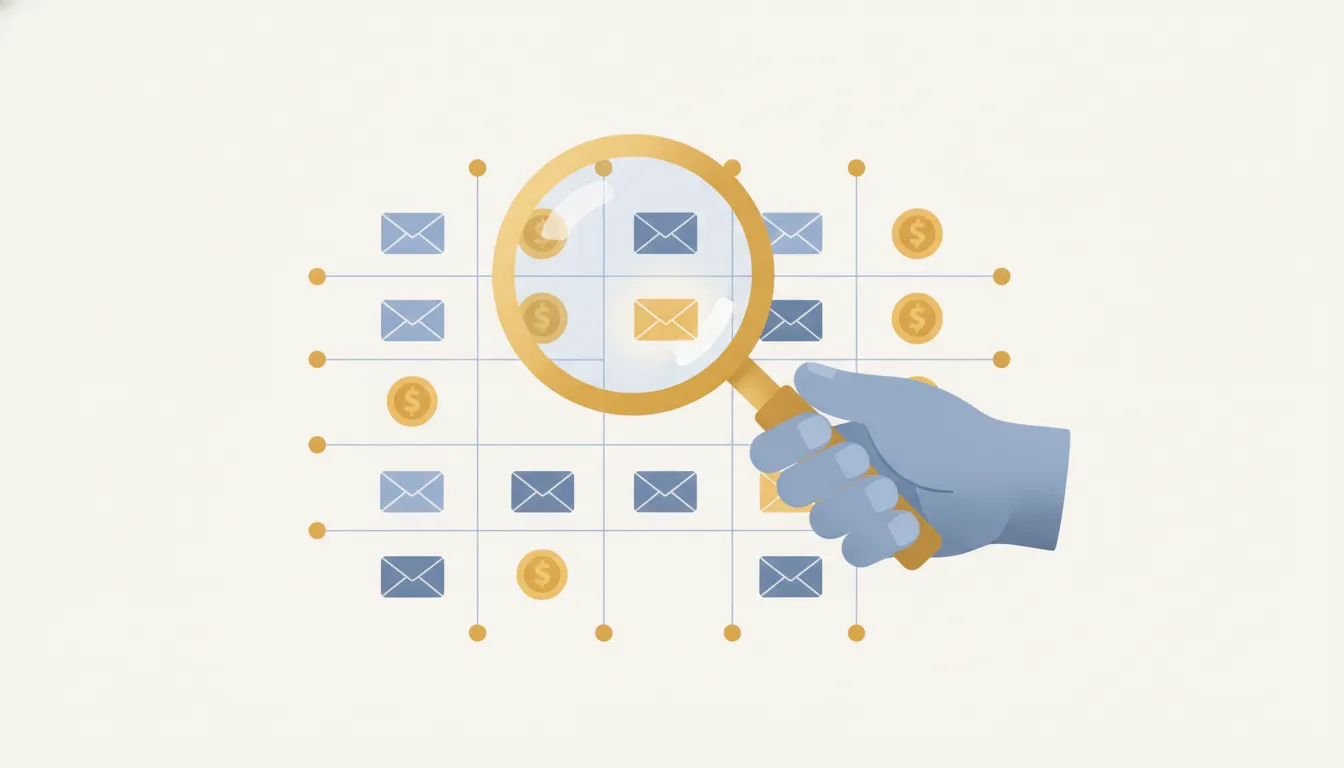 Illustration of a magnifying glass searching envelopes and coins.