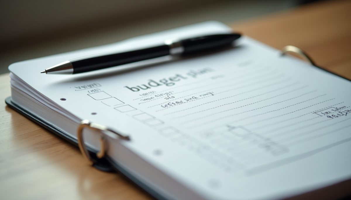 High angle view of a notebook with a budget plan and a pen