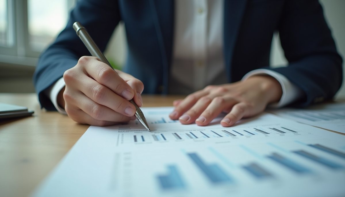 Eye-level view of a person reviewing financial documents at a desk