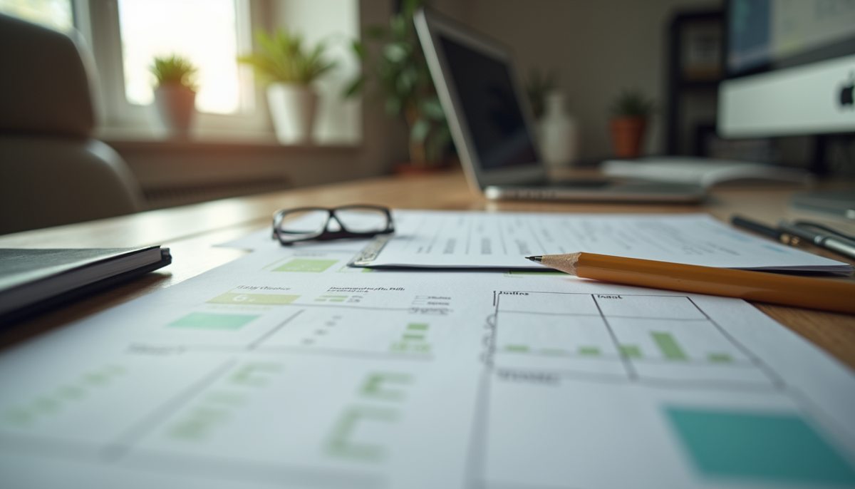 Eye-level view of a neatly organized home office desk with budgeting tools