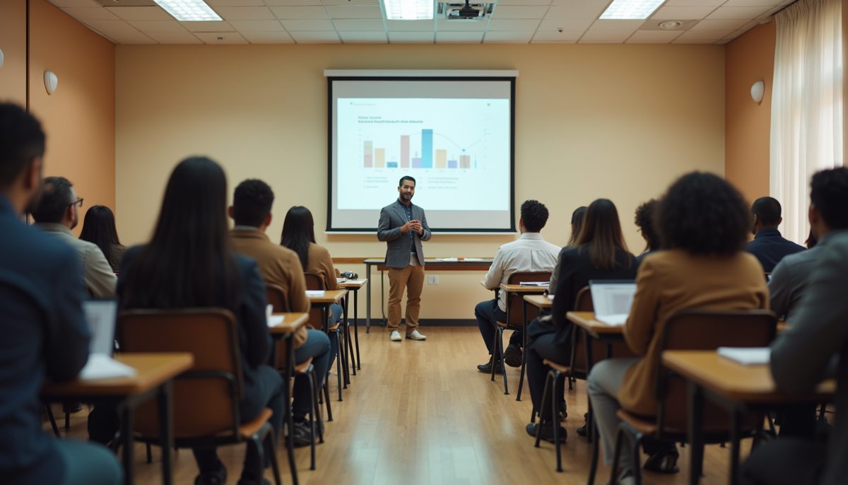 Eye-level view of a community center hosting a financial literacy workshop